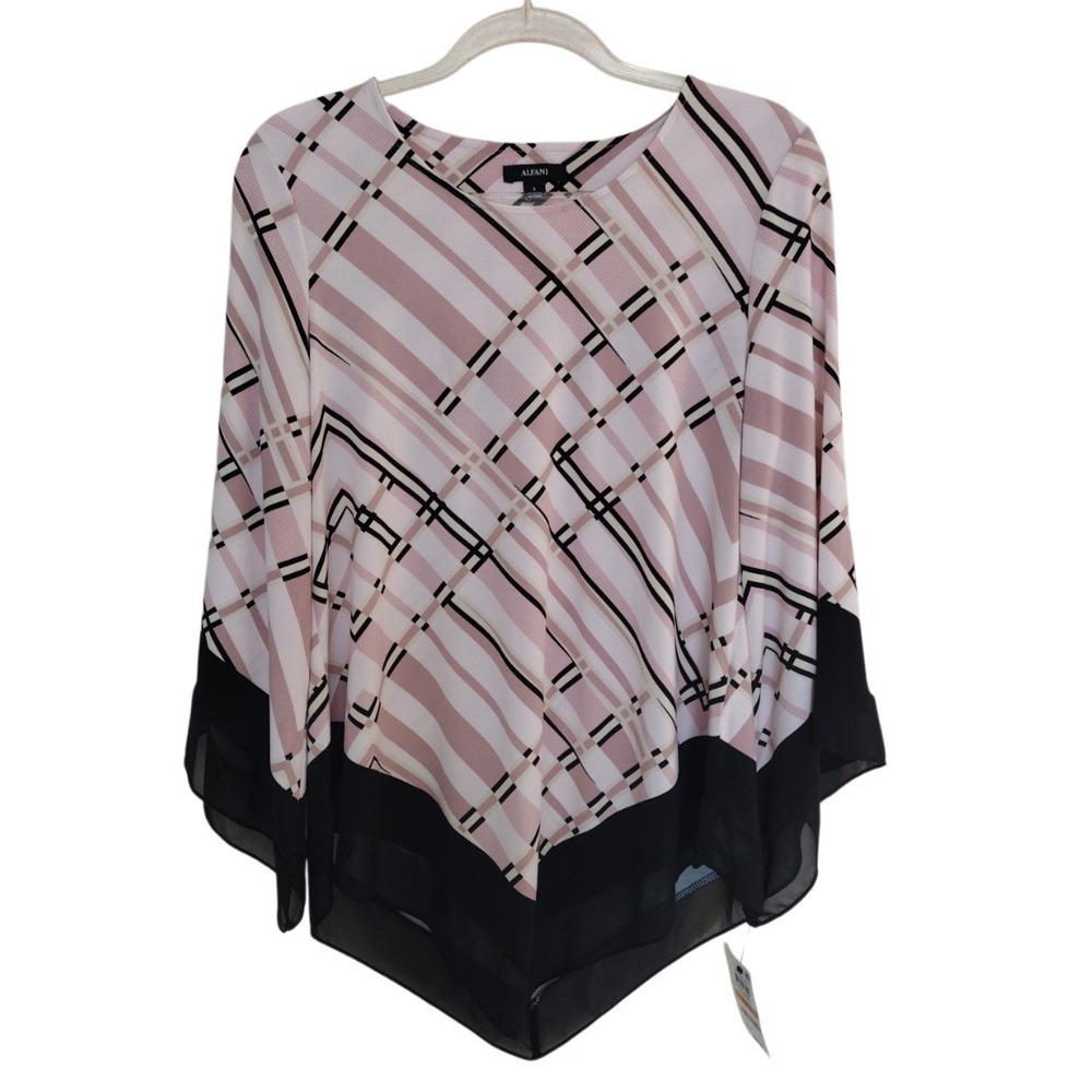 Alfani Blouse Woman Small Black Pink Cotton Mix Pointed Hem Chiffon Bell Sleeves
